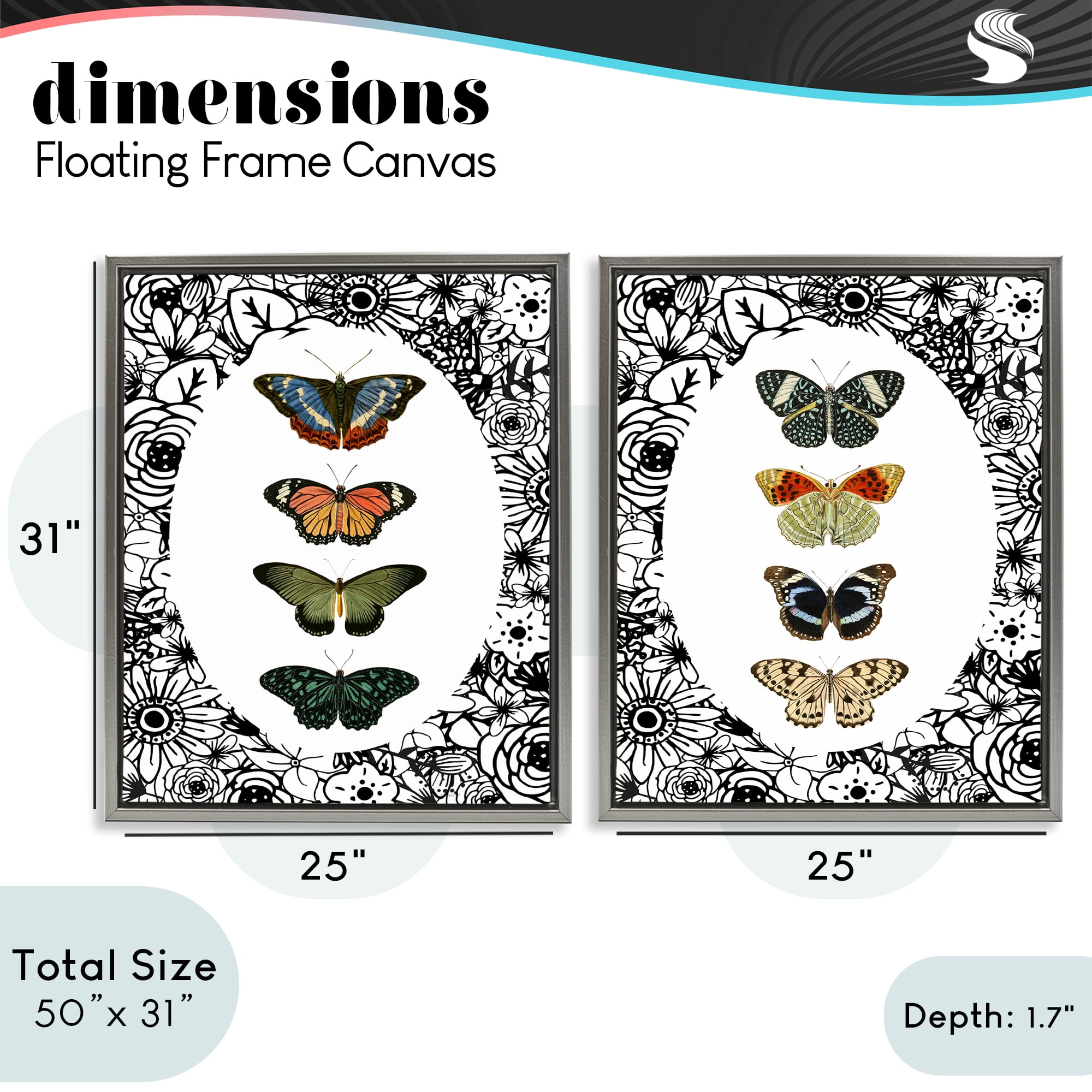Stupell Industries Floral Butterflies Lineup 2 Piece Gray Framed Floater Canvas Set, design by Dan Meneely