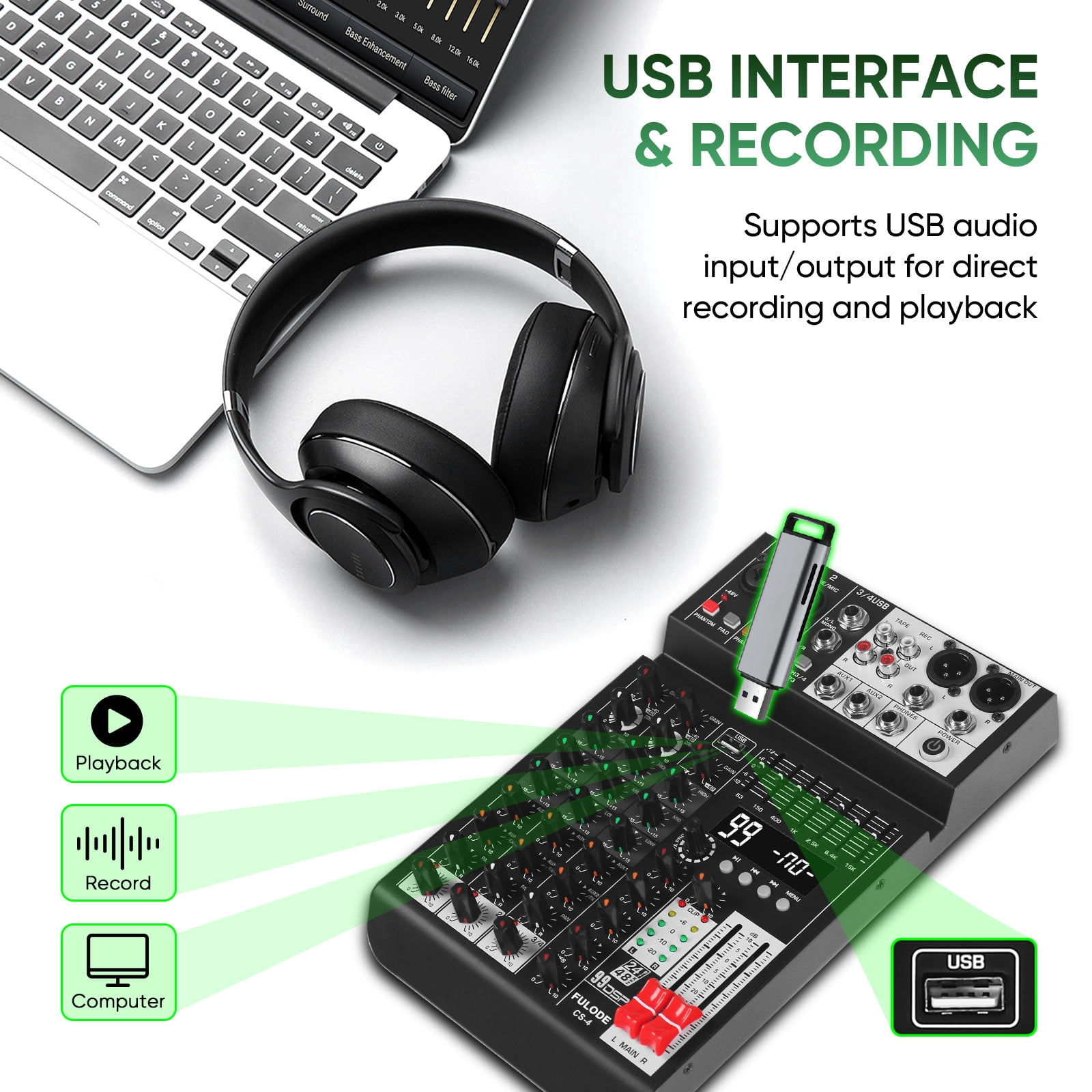 Audio Mixer 4 Channel Sound Mixer Console, Professional Music Mixing Board DJ Mixer w/ 99 DSP, 7-band EQ, USB, Bluetooth, 48V Phantom Power & PAD Function for Recording PA Live Live Streaming
