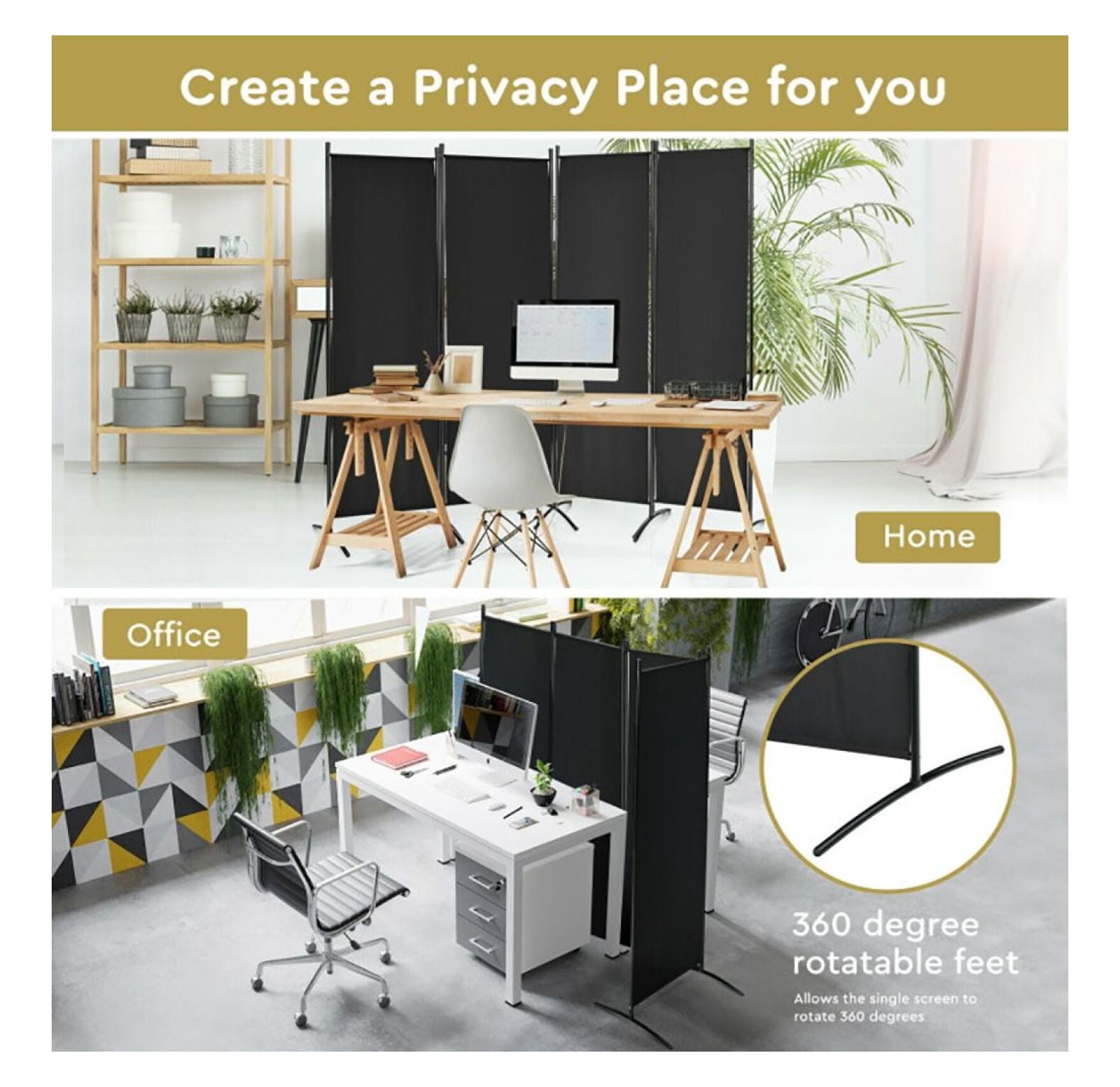 Yunken 4-Panel Steel Frame Room Divider, 5.6 Ft Tall Folding Privacy Screen for Bedroom, Office & Living Space
