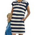 thumbnail image 1 of Vestidos de verano a rayas para mujer 2024 Cuello redondo Manga casquillo Bloque de color Casual Una línea Camiseta Dr, 1 of 5