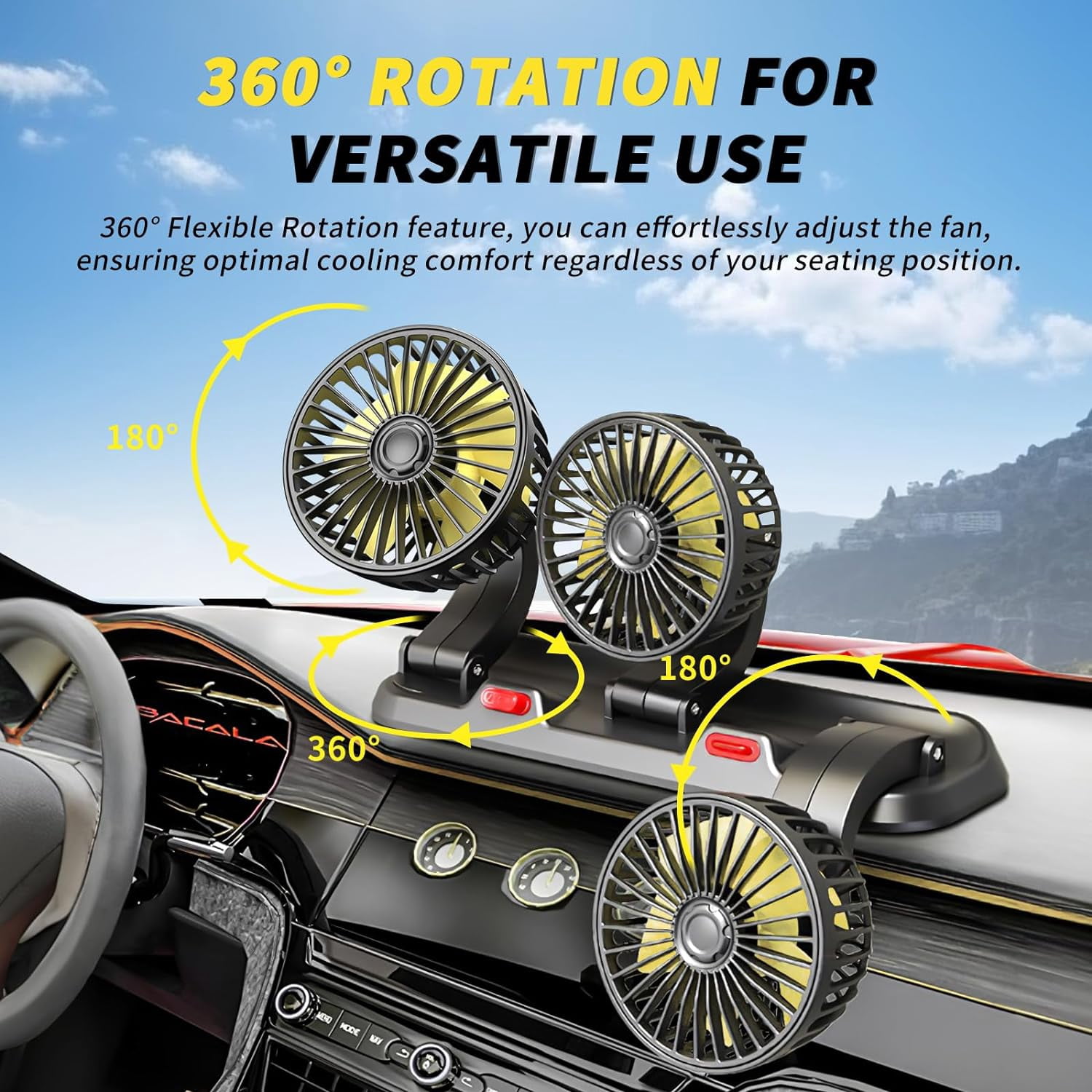 XZKING  Car Fan Three Head Portable Vehicle Cooling Fan with Two Speeds, 360° Rotation Fan with Cigarette Lighter Plug for Vehicles, RV, SUV