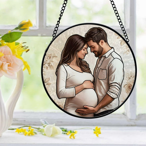 Personalized Photo Pregnancy Faux Stained Glass Suncatcher, Custom Photo Family Window Hanging Decor, Expecting Mom Gifts, New Mom gifts