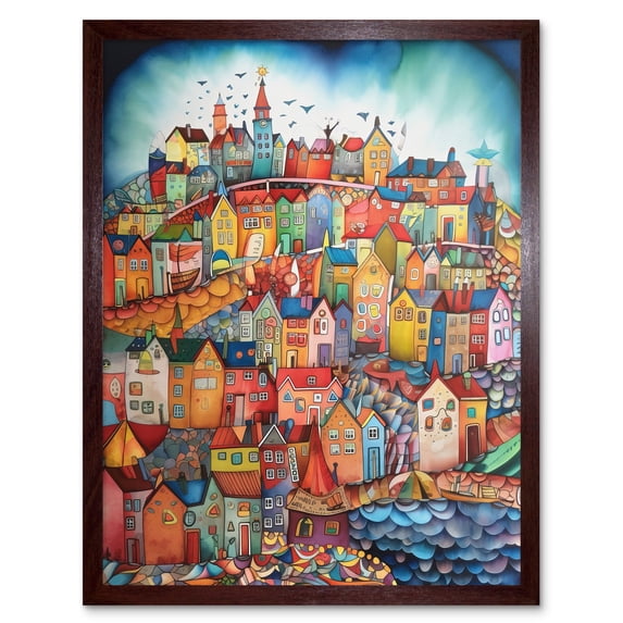 Abstract Fishing Village Folk Art Art Print Framed Poster Wall Decor 12x16 inch