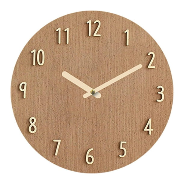 Reloj colgante redondo de 12 pulgadas, minimalista, silencioso, con números de madera 3D. Marrón