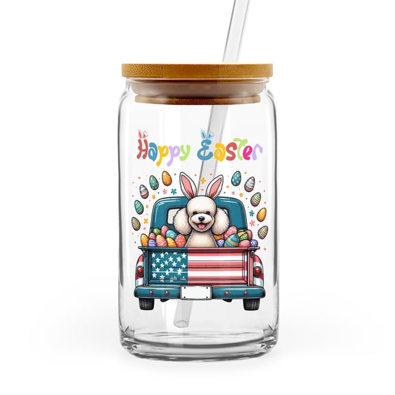 Happy Easter Poodle American Flag Truck Bunny Ears 16oz Glass Cup Mug Poodles Dog Lover Gifts Idea Glass Can with Bamboo Lid and Straw - 03001
