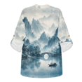 thumbnail image 4 of FKELYI Faux Linen Shirts Women's Roll Up Sleeve Blouse Oriental Moutain Blue Print Soft Beach Vacation Outfits Loose Fit V-Neck Summer Top Shirts for Ladies, XL, 4 of 5