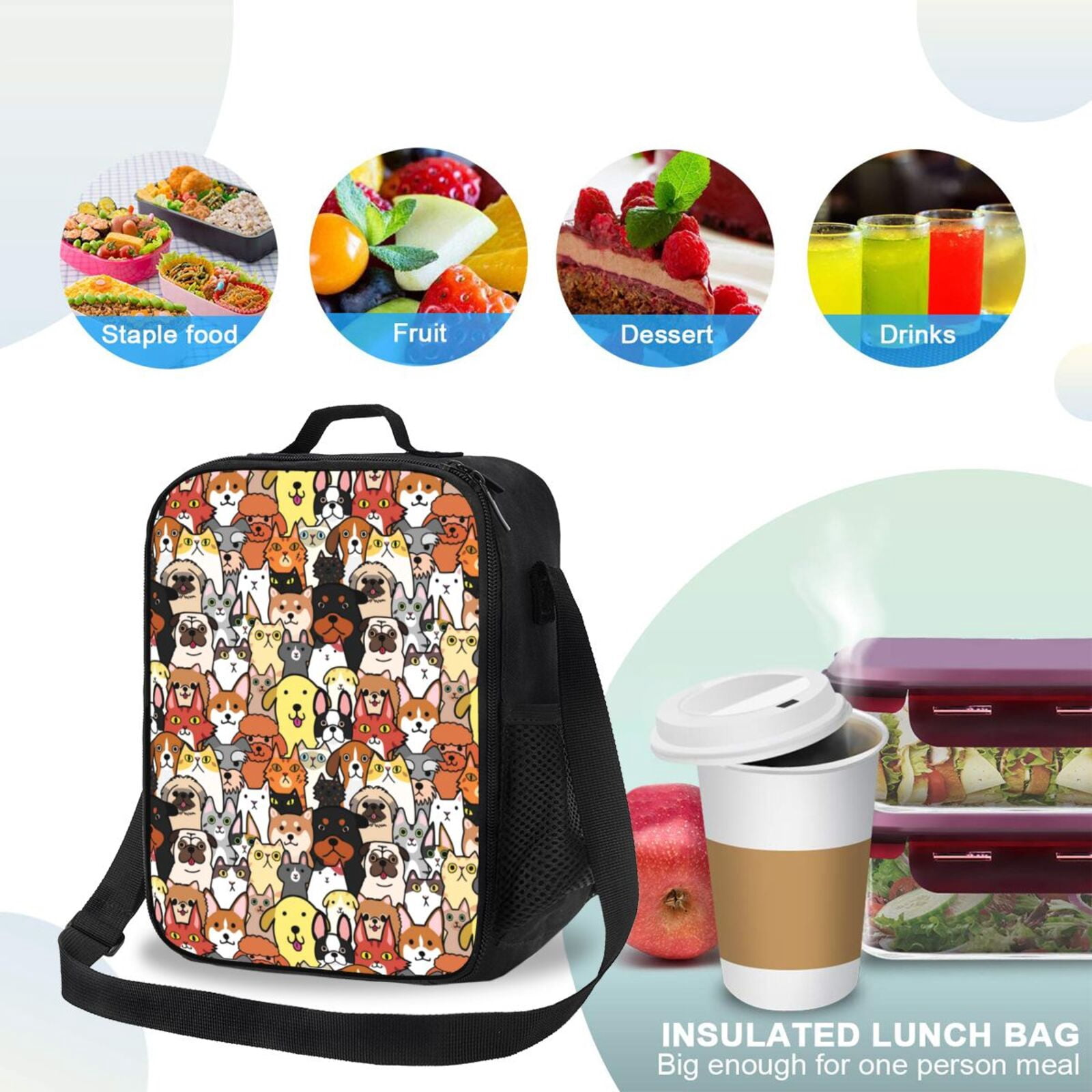Ratiio Cats & Dogs Group Print Lunch Box - Reusable Lunch Bag Men Adult Women- Insulated LunchBox