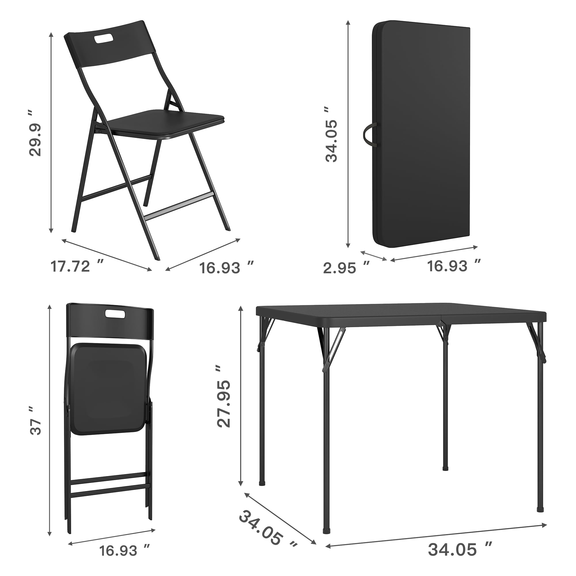 Demi Bonn 5-Piece Folding Multipurpose Card Table Set with 4 Chair, 4 Players Camping Table Chair Set for Indoor or Outdoor Use, Black
