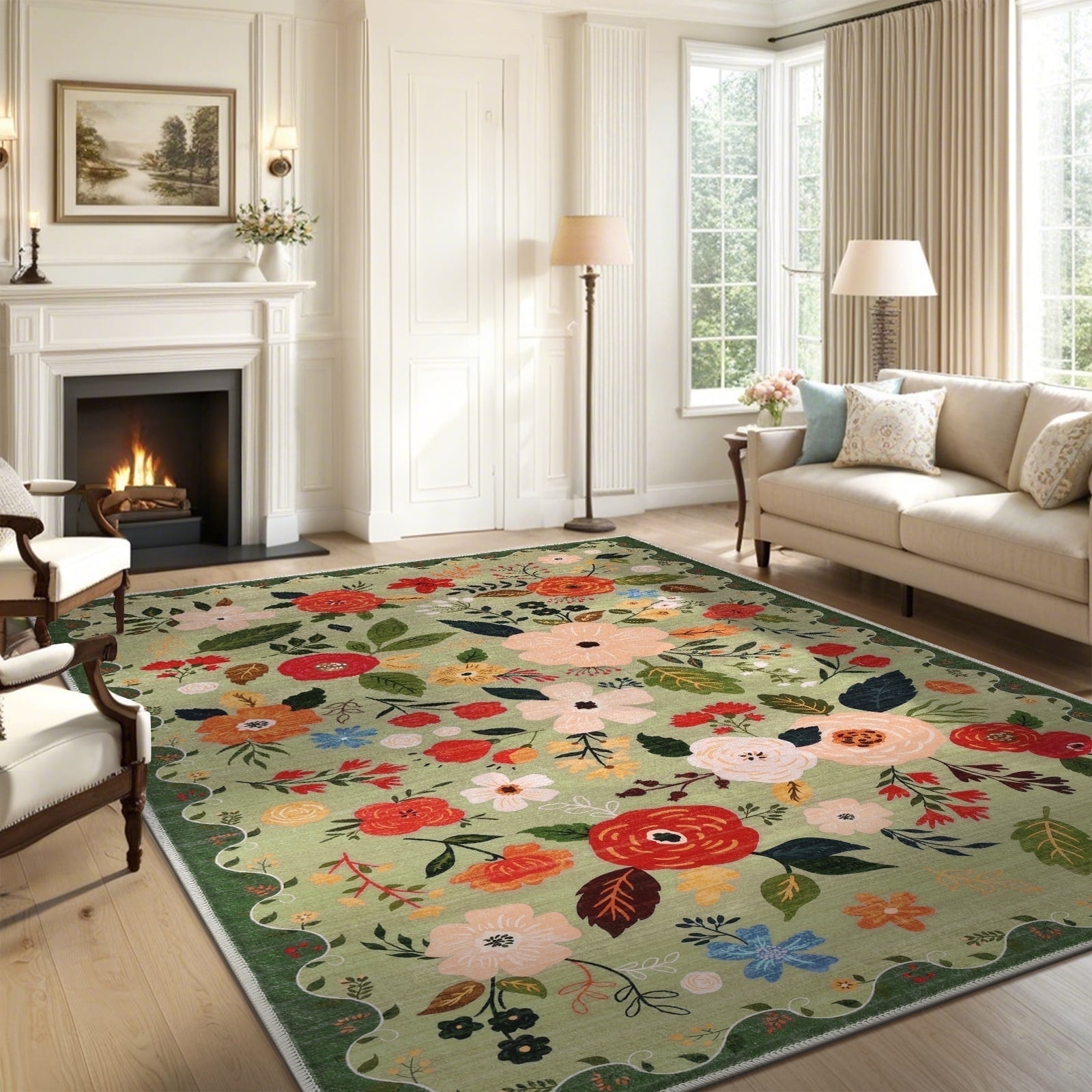 8x10 ft Living Room Area Rug Machine Washable Boho Area Rug Non Slip Floral Vintage Low Pile Large Rug for Living Room, Bedroom, Farmhouse, Dining Room