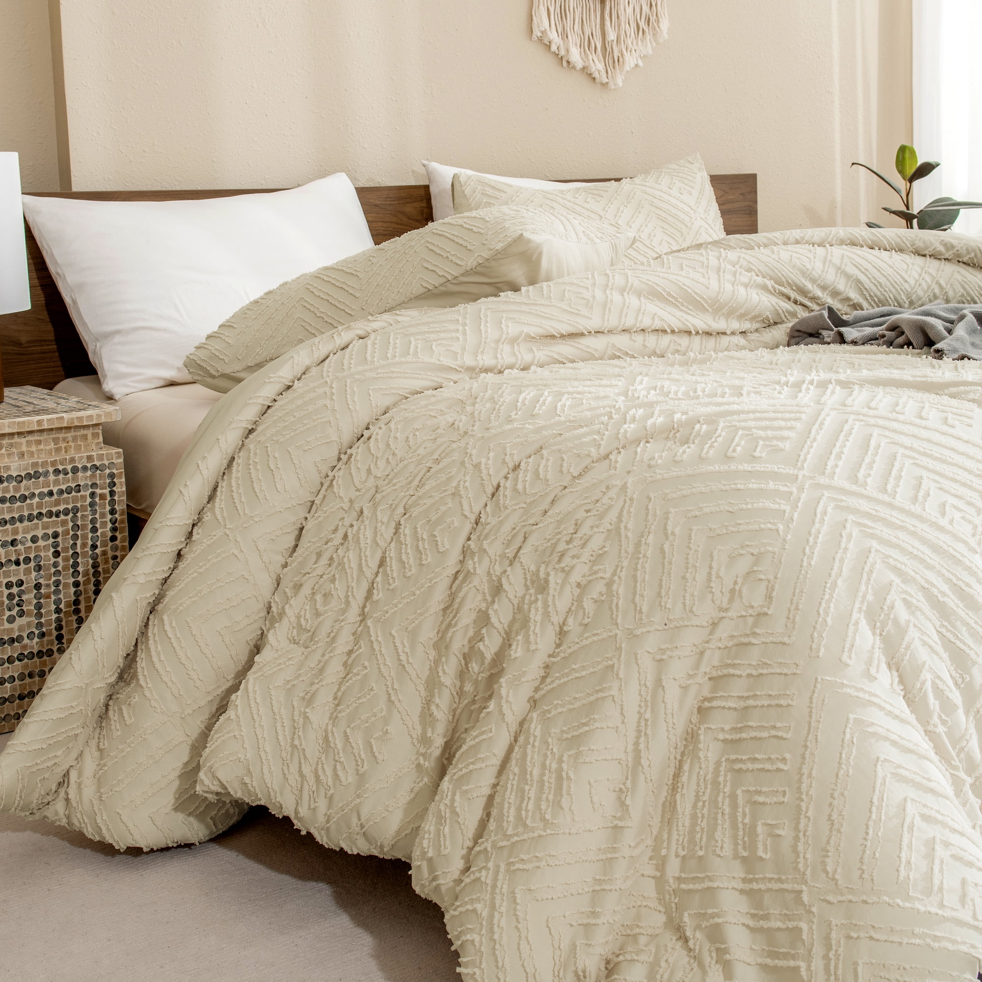 ANGENIA King Size Comforter Sets Beige - 3 Pieces Cream Boho Bedding Comforter Set for King Bed - Soft Fluffy Tufted Textured All Season Bed Set for Women Men