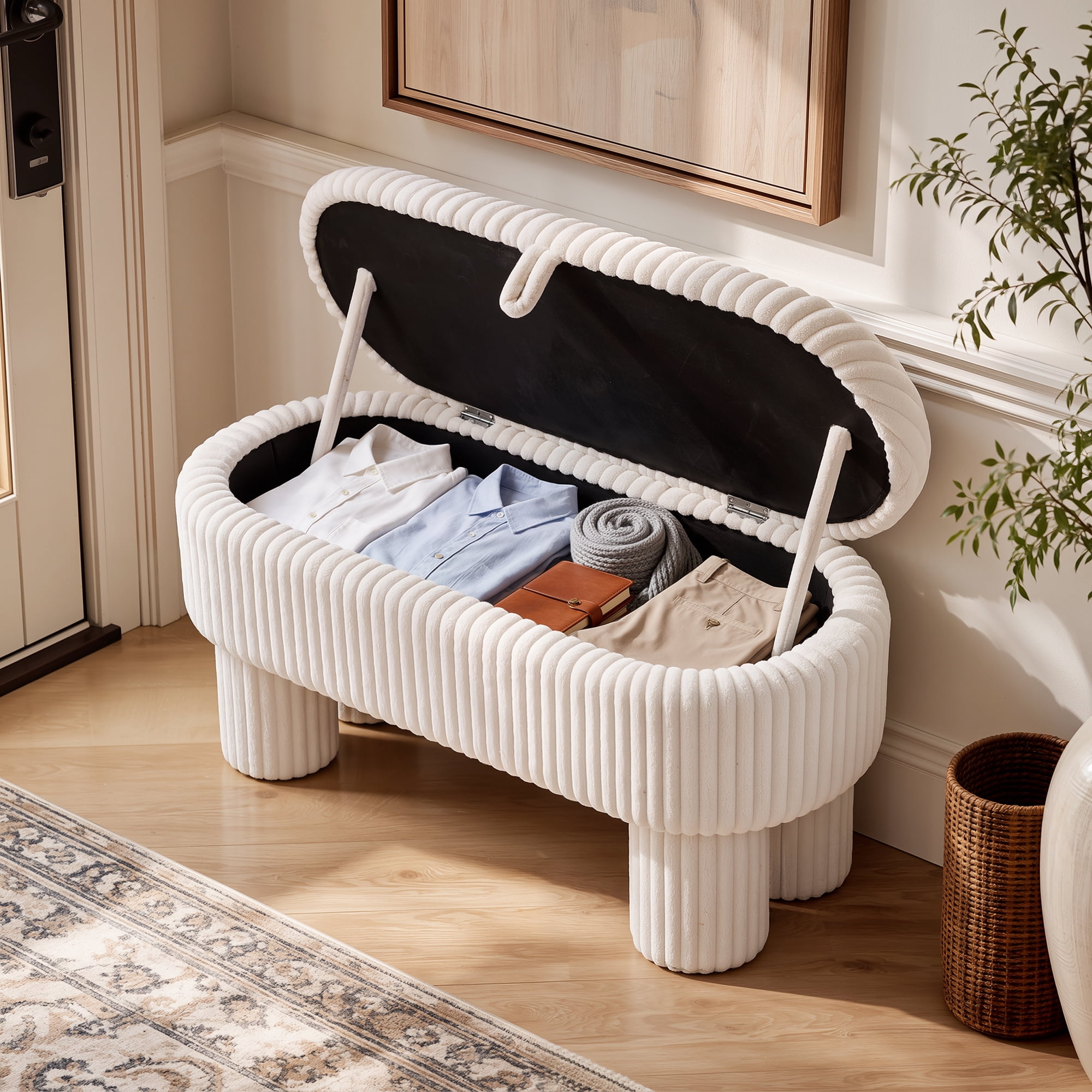 Euroco Modern Storage Ottoman Bench,Corduroy Upholstered Entryway Shoe Bench, End of Bed Bench for Living Room Bedroom,Beige