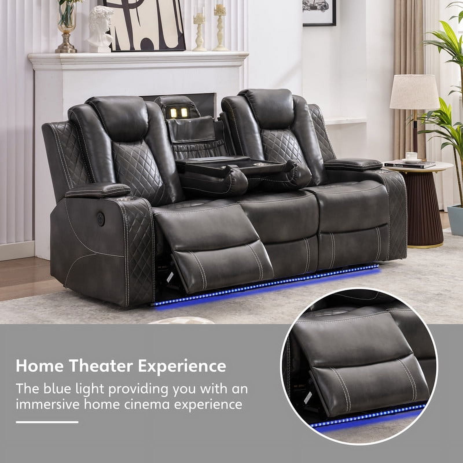 3-Seat Power Recliner Chair Sofa Set for Living Room,Gray Faux Leather Electric Home Theater Seating Reclining Sofa Couch with Flipped Middle Backrest,LED Light,USB Port,Cup Holder,Hidden Arm Storage