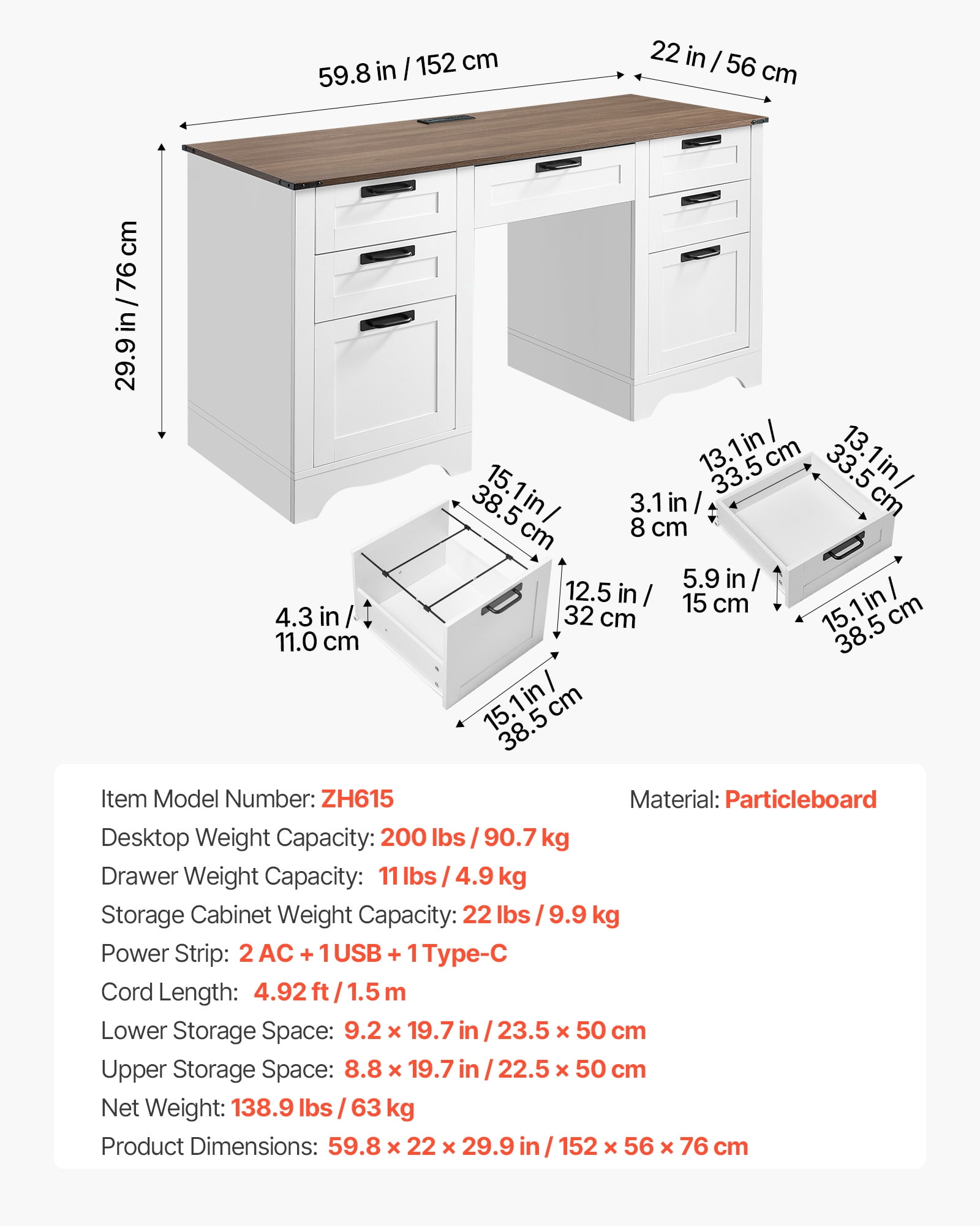 VEVOR Executive Desk, Farmhouse Office Table with Charging Station, Heavy Duty Particle Board Executive Table with Storage Drawers, 200 LBS Load Capacity, Easy Assembly, for Work Study Writing