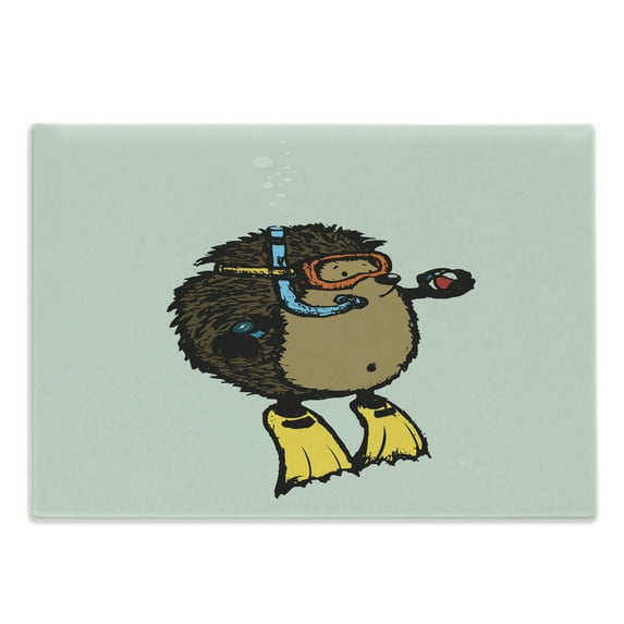 Animal Cutting Board, Cartoon Scuba Diver Hedgehog Illustration Funny Sea Life Themed, Decorative Tempered Glass Cutting and Serving Board, Large Size, Pale Blue Yellow, by Ambesonne