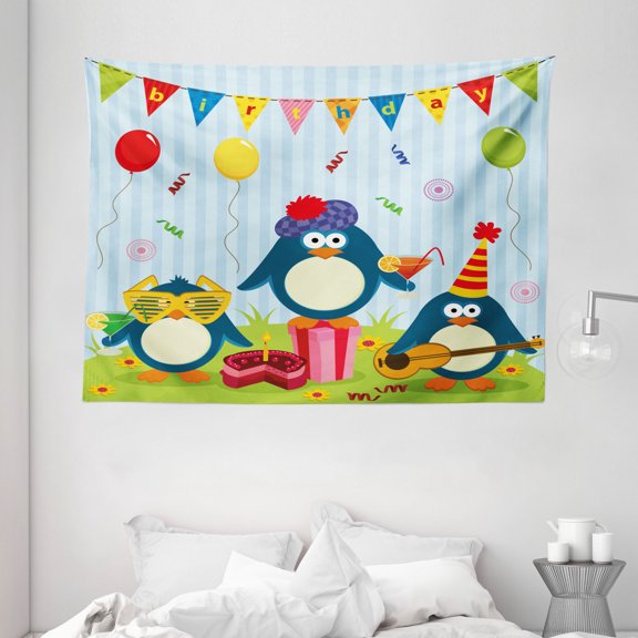 Birthday Decorations for Kids Tapestry, Cartoon Penguin Party with Flags Cakes and Box, Wall Hanging for Bedroom Living Room Dorm Decor, 80W X 60L Inches, Light Blue and Fern Green, by Ambesonne