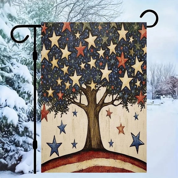 RKSupls Patriotic Linen Double Sided Garden Flag, Independence Day Themed Yard Decor, Patriotic Tree Stars Outdoor Banner for Holiday Lawn