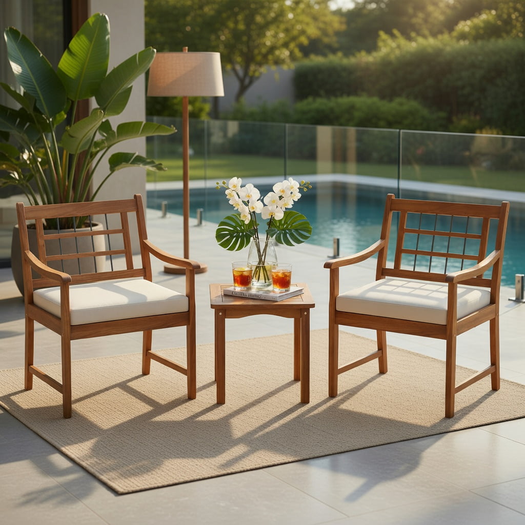 Hommoo 3-Piece Acacia Wood Patio Furniture Set, Outdoor Chair Set with Ergonomic Slatted Design & Matching Coffee Table for Backyard, Poolside, Balcony, White