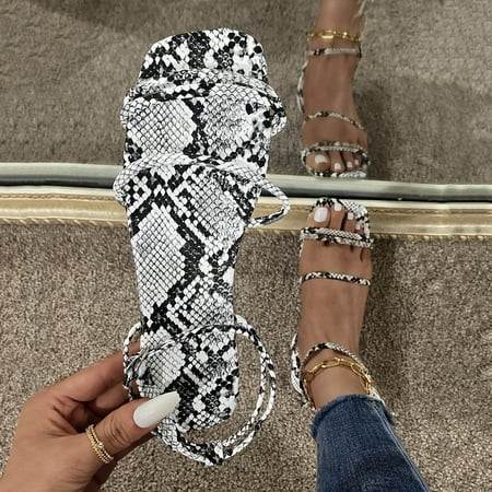 

〖Yilirongyumm〗 Grey 41 Sandals Women Snake Sandals Women s Sashion Buckle Beach Fine Strap Print Flat Casual Women s Sandals