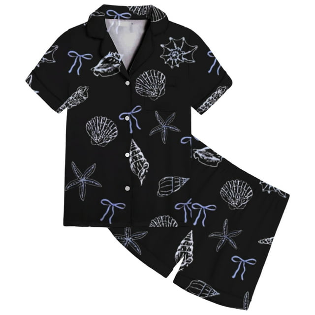 Girls Sleepwear Set Soft Satin Pajamas With Ocean Bow Print For Daily Casual Wear In Spring Summer Kids Ages 2 13