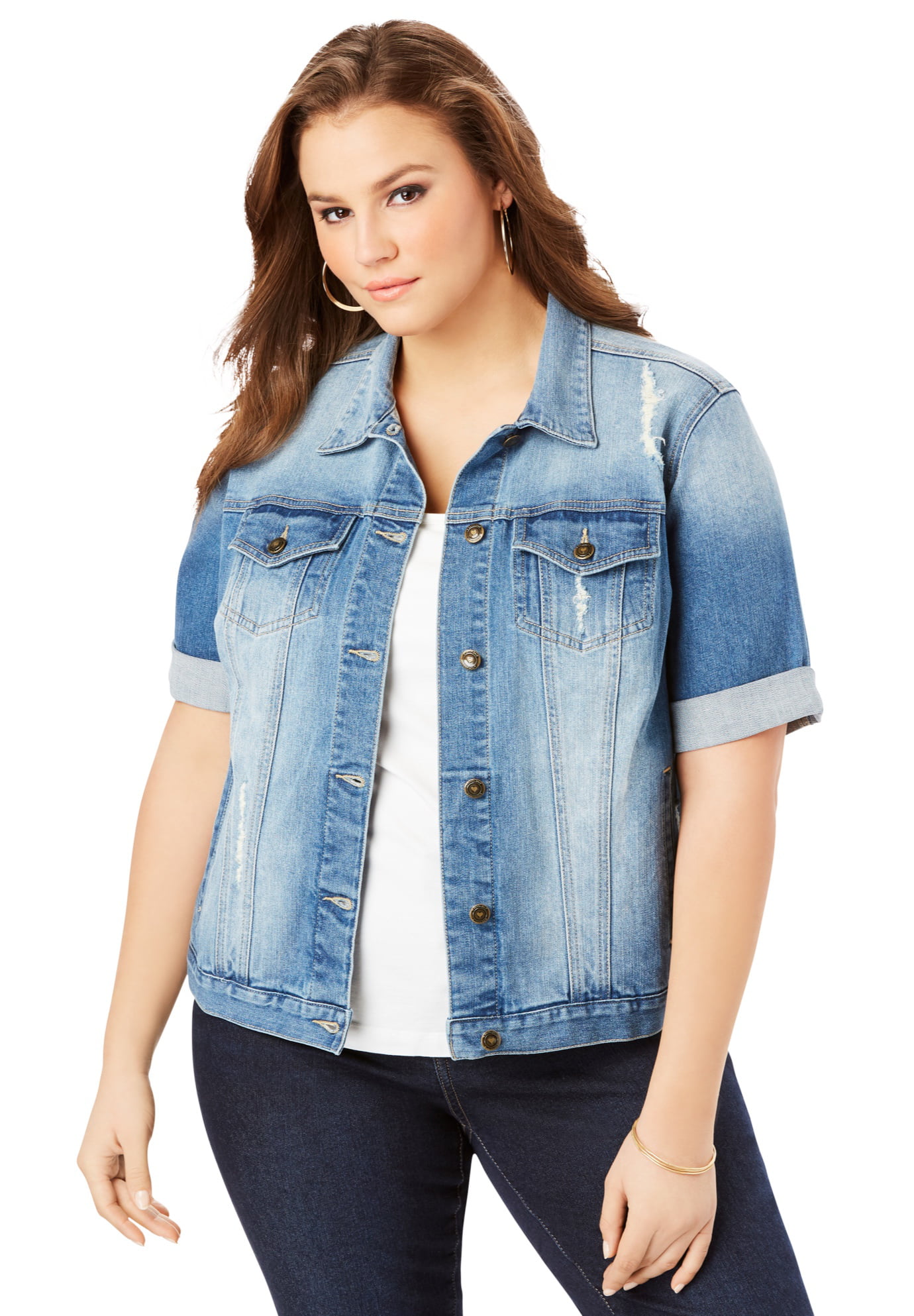 Roaman's Women's Plus Size Short-Sleeve Denim Jacket Jacket - Walmart.com