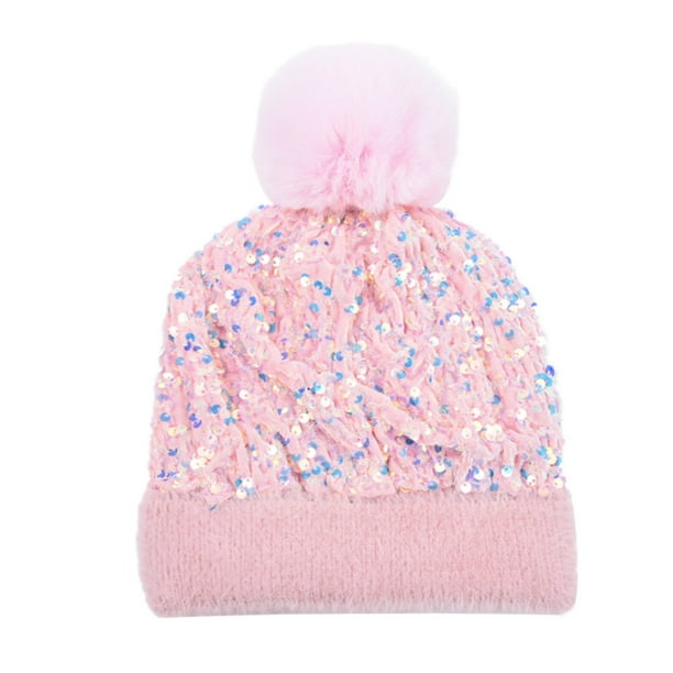 Gorro de invierno con lentejuelas para mujer | Gorro de punto suave y brillante con pompón de visón sintético | Gorro de punto cálido y brillante para el frío | Regalo elegante para las fiestas |