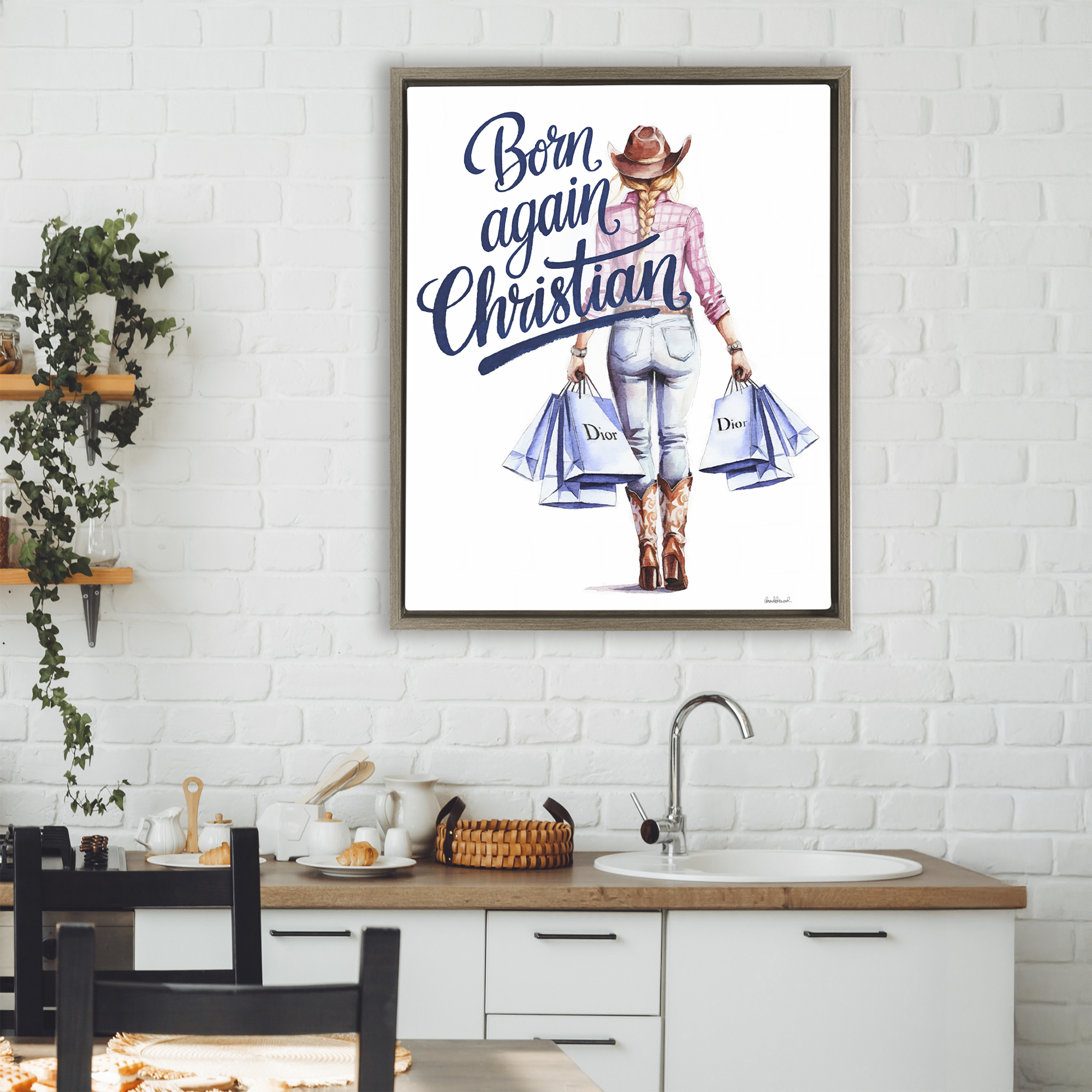 Born Again Christian Cowgirl Brown Framed Floater Canvas Wall Art, design by Amanda Greenwood