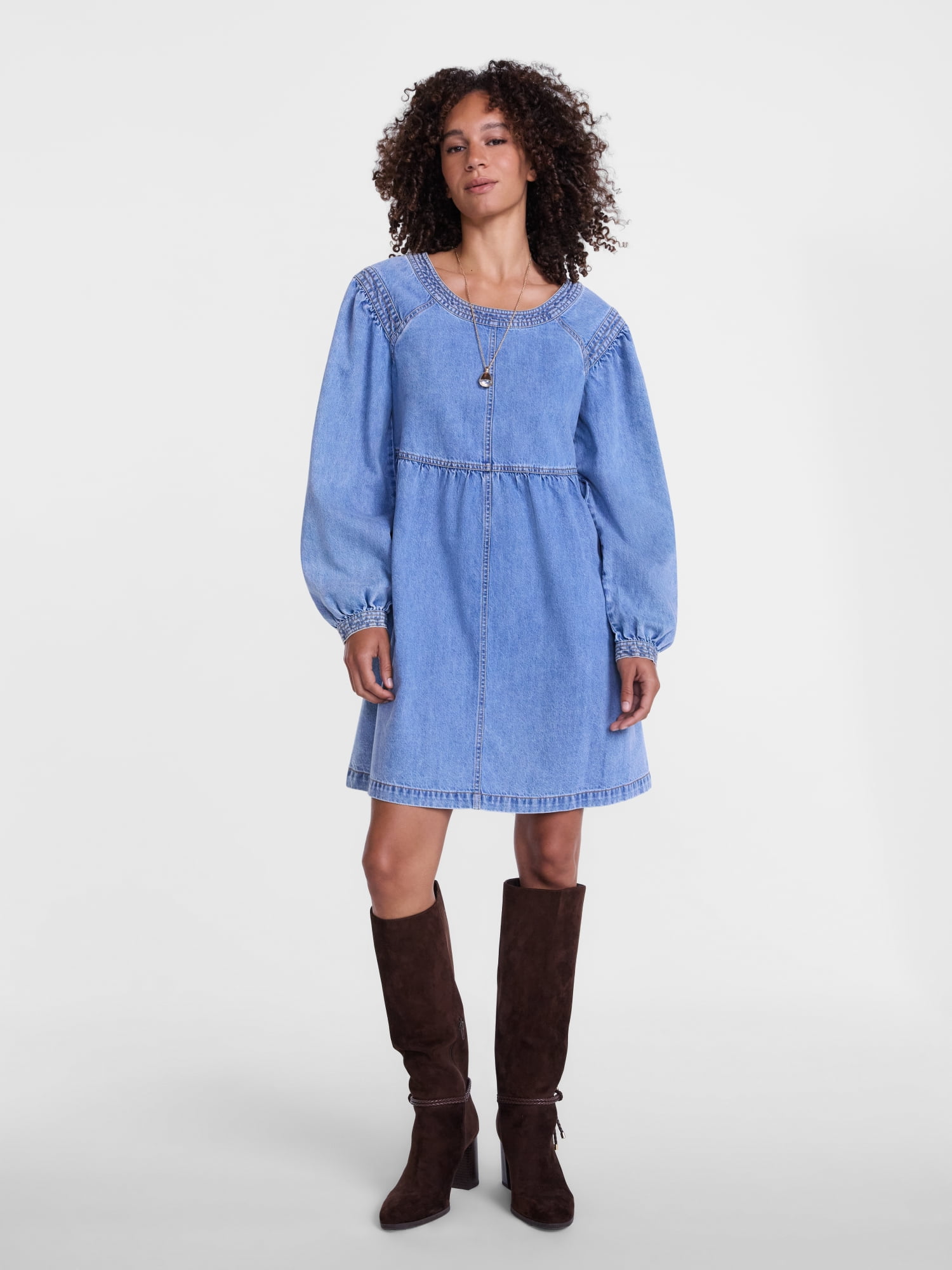 Scenario Women's Denim Empire Mini Dress with Long Sleeves, Sizes XS-XXXL