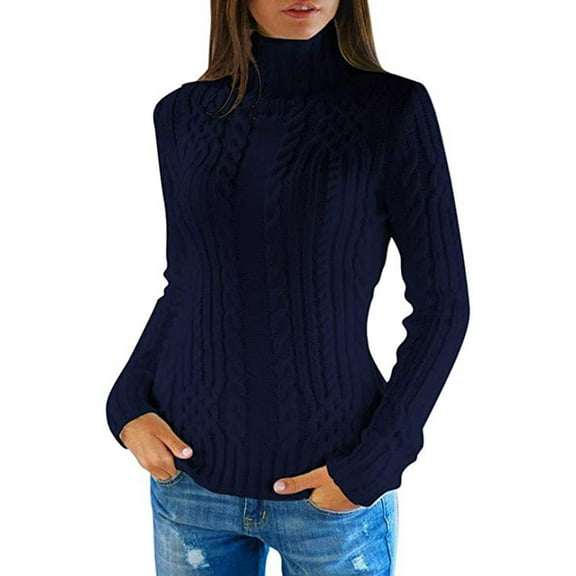 Winter Plus Size Sweaters For Women Trendy Casual Solid Color Round Neck Long Sleeved Turtleneck Fall Dark Blue Pullover Sweaters (XL)
