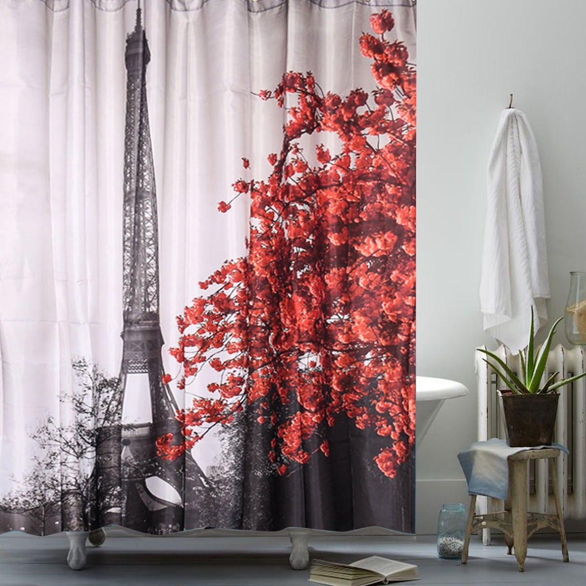 Love Paris Eiffel Tower Bathroom Shower Curtain Fabric w/12 Hooks 71*71inches 