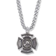Extel Large Pewter Firefighter Shield Medal Pendant with Cross and Philippians 3:14 on the Back for Men Women with 24" chain