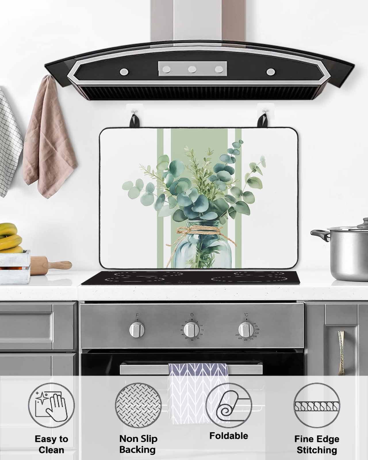 nqOlkjepod Large Induction Cooktop Protector Mat 24"x21", Sage Green Eucalyptus Leaves Stove Top Covers for Electric Stove, Farmhouse Stripe Botanical Stove Burner Cover Mats, Glass Top Stove Cover