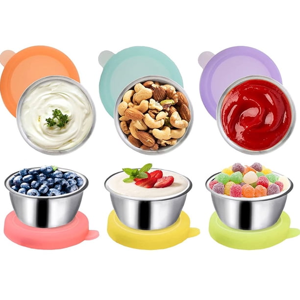 PENGXIANG 6 Pcs Récipient à Vinaigrette Avec Couvercles En Silicone Étiquettes 1.6oz Récipient à Condiments Réutilisable En Acier Inoxydable Étanche Récipient à Sauce Portable Tasse à Sauce Lavable