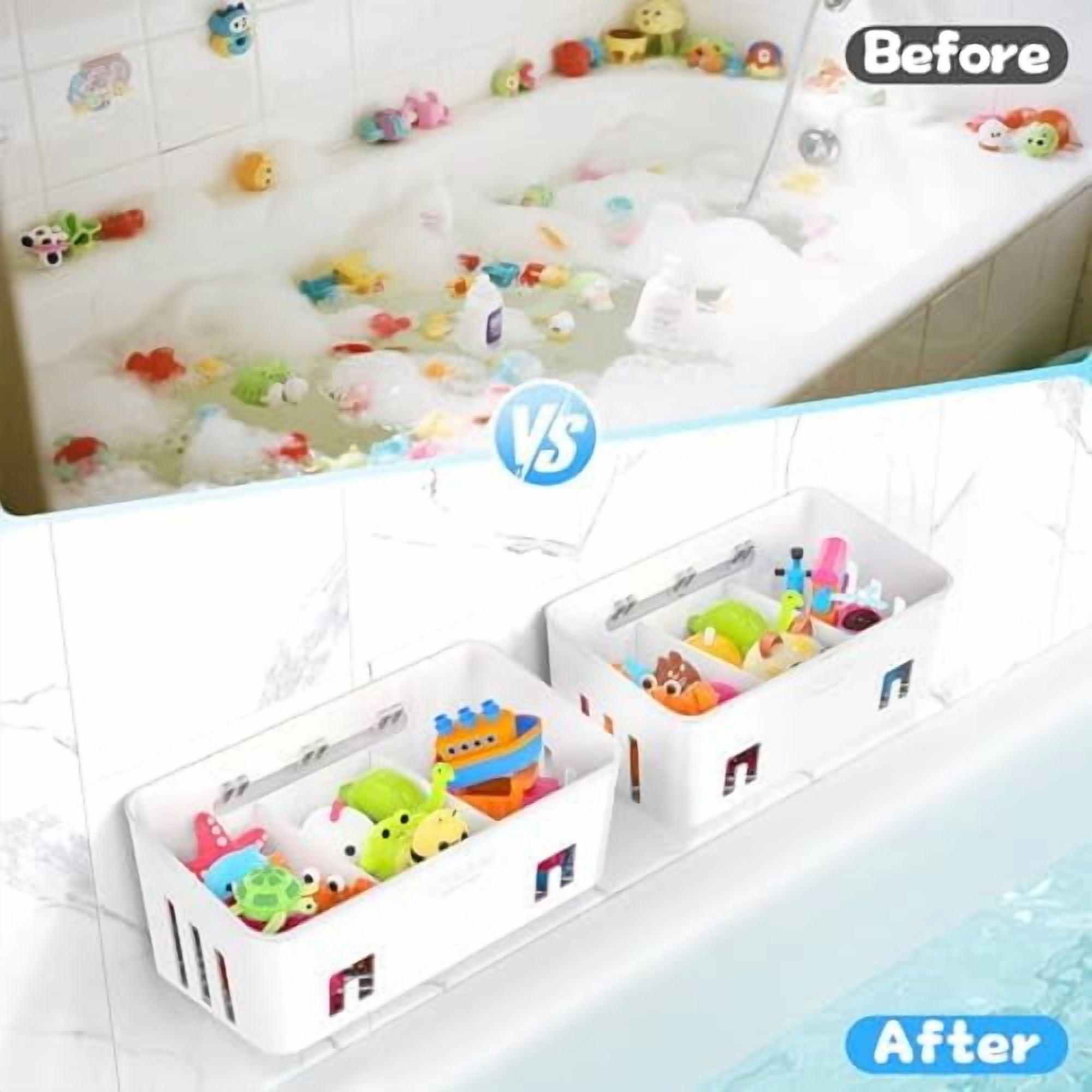 Bath Toy Storage 2 Packs, Large Bath Toy Holder with 3 Compartment, Quick Dry Bathtub Toy Organizer, Bath Tub Toy Net, Shower Toy Basket & Bin, Bathroom Accessories for Baby,Toddler,Kids（White）