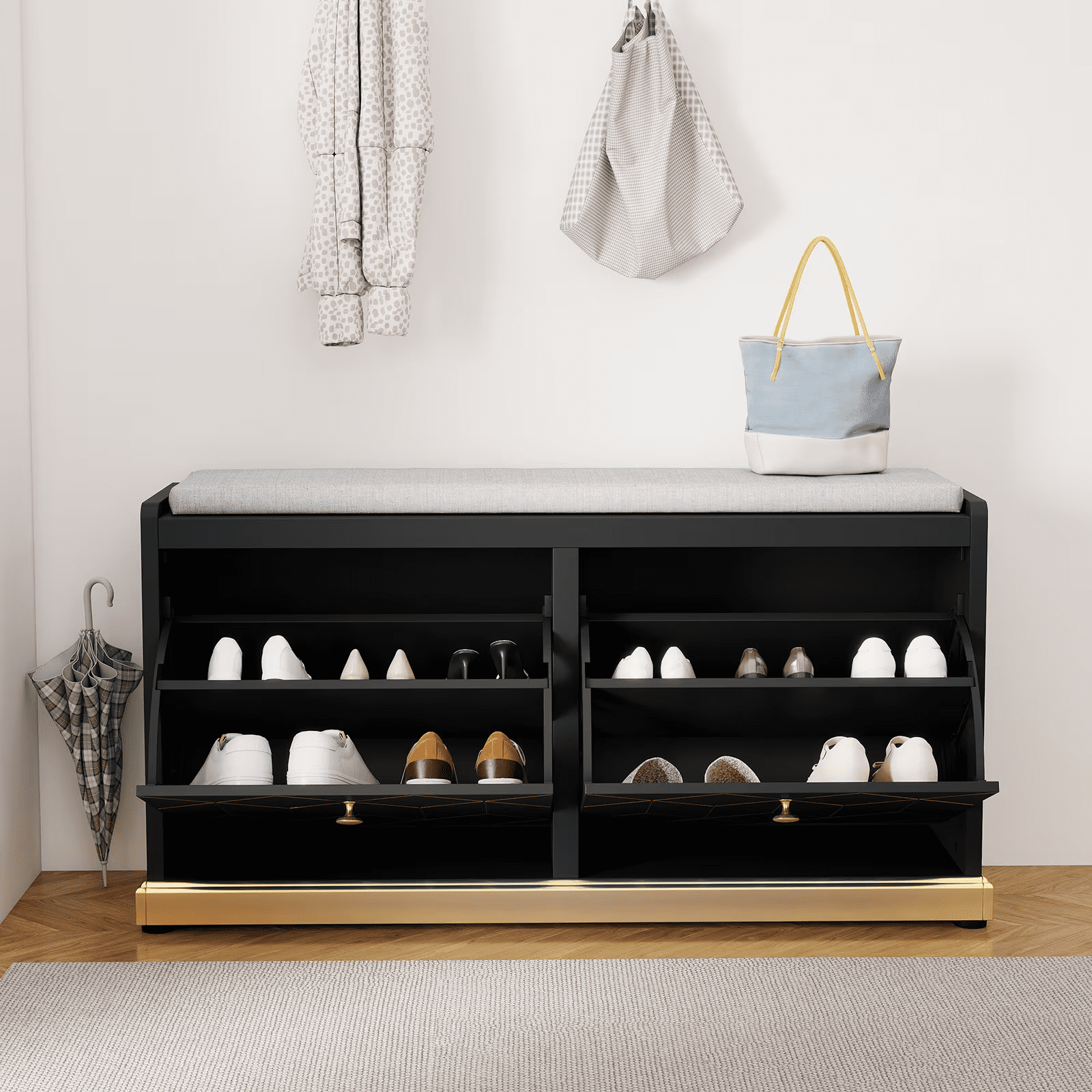Modern Shoe Bench with Storage, Entryway Bench with 2 Flip Drawers & Padded Cushion Seat, Upholstered Shoe Rack Organizer for Hallway, Closet, Living Room