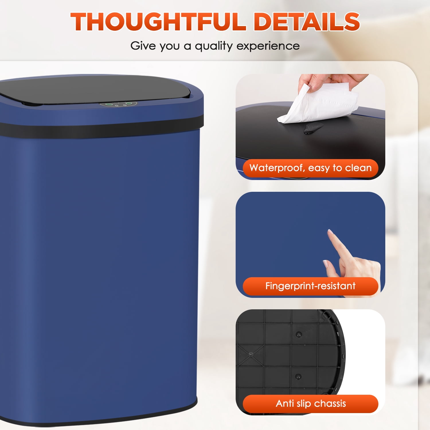 PayLessHere 13Gal Touchless Trash Can - Stainless Steel w/Auto Lid, Deep Blue