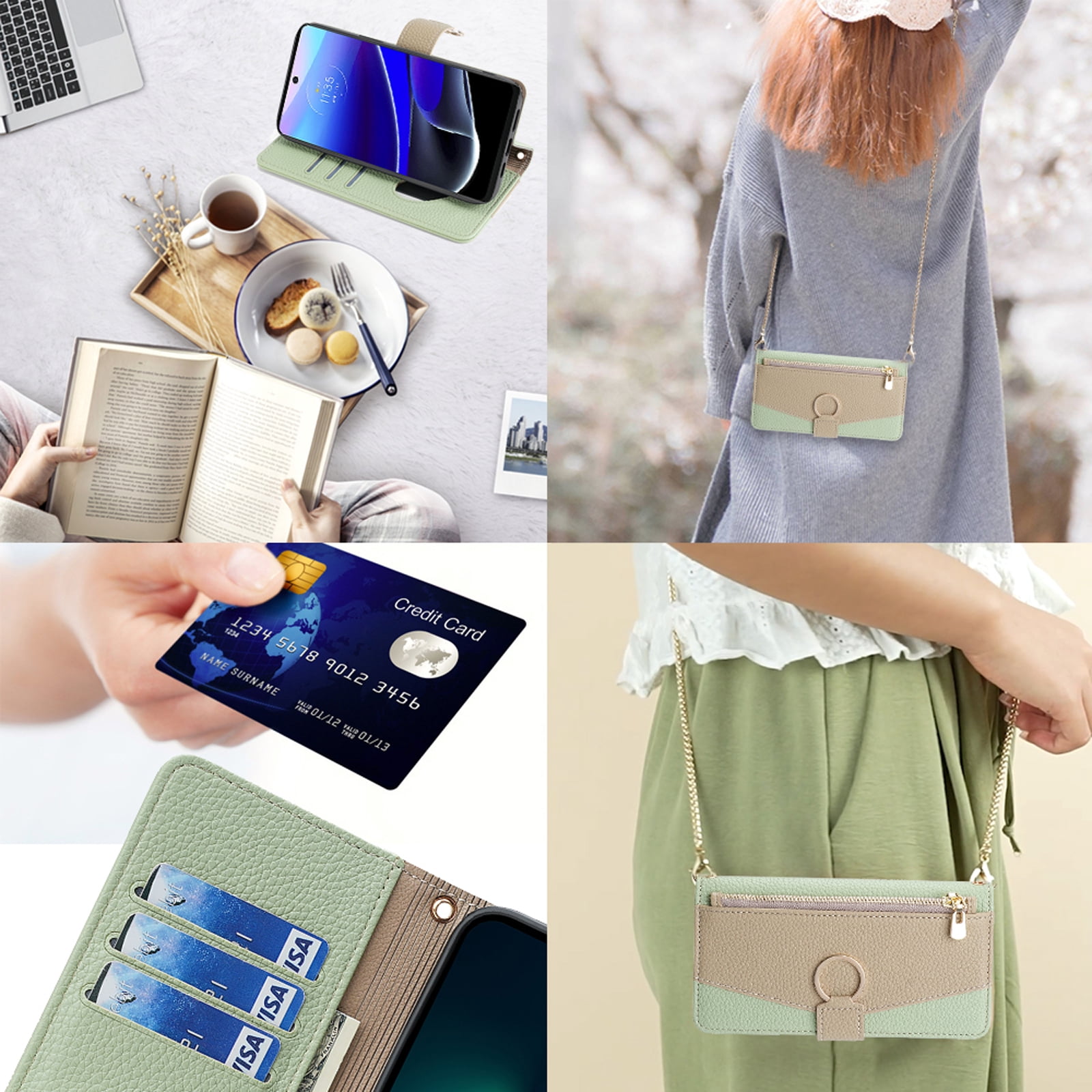 Case for Motorola Moto G Stylus 5G 2025 Zipper Wallet Cover with Make-up Mirror,Flip Cover PU Leather Ring Card Holder Kickstand Crossbody Strap Chain Cell Phone Cover for Moto G Stylus 5G 2025,Green