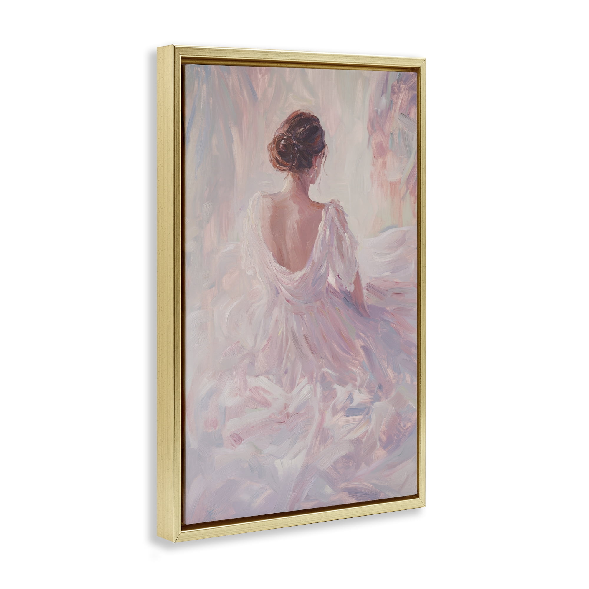 Stupell Industries Graceful Woman in Blush Gown Gold Framed Floater Canvas Wall Art, design by Petal Prints Design