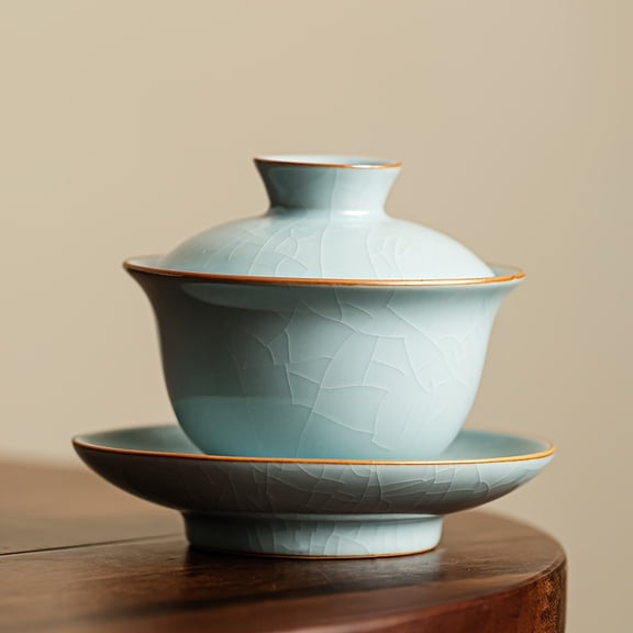 Premium Ru Kiln Ceramic Tea Set - Includes Cup, Lid & Coaster | Ideal for Home, Restaurant, or Office Use