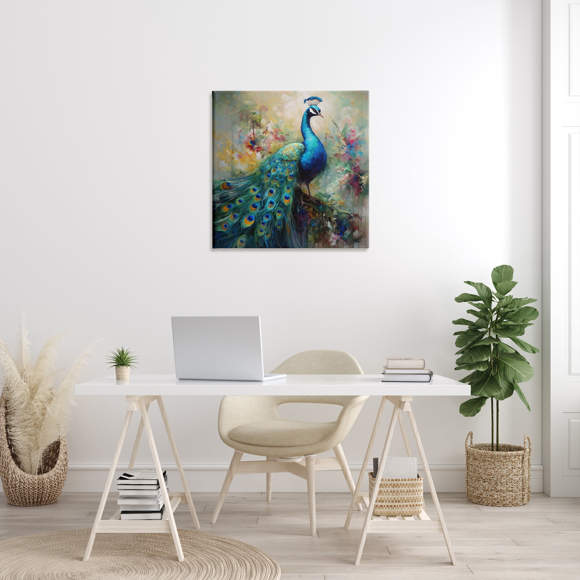 Stupell Industries Floral Peacock Pattern Animals & Insects Painting Gallery Wrapped Canvas Art Print Wall Art, 30 x 30