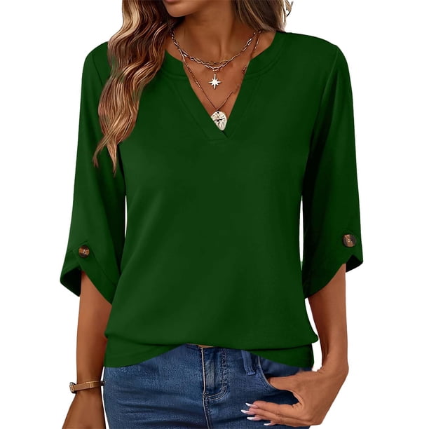 Mujeres 3/4 Manga de Verano Tops V Cuello Botonado Color Sólido Blusa, Camisetas Casuales de las Mujeres Suelto Ajuste Suave Respirable Primavera de Uso Diario