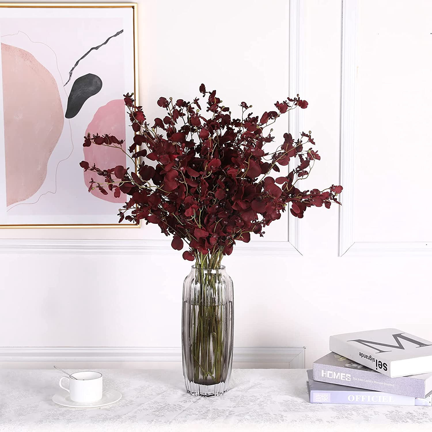 12Pcs Artificial Orchids Flowers Fake Silk Dancing Lady Orchid Faux Long Stem Flowers in Bulk for Home Wedding Office Party Festive Indoor Outdoor Decoration (New Burgundy)