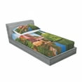 thumbnail image 3 of Landscape Bedding Set with Sheet & Covers, Scenic Summer German Traditional Medieval Half-Timbered Bridge River Town, Printed Bedroom Decor 2 Shams, 4 Sizes, Orange Blue Green, by Ambesonne, 3 of 3