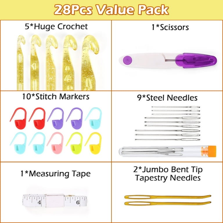 Huge Crochet Hook Set With Large Eye Blunt Needles - 12mm To 25mm Jumbo Hooks, 20 Stitch Markers, 2 Tapestry Needles & 300 Safety Pins 4 thumbnail image