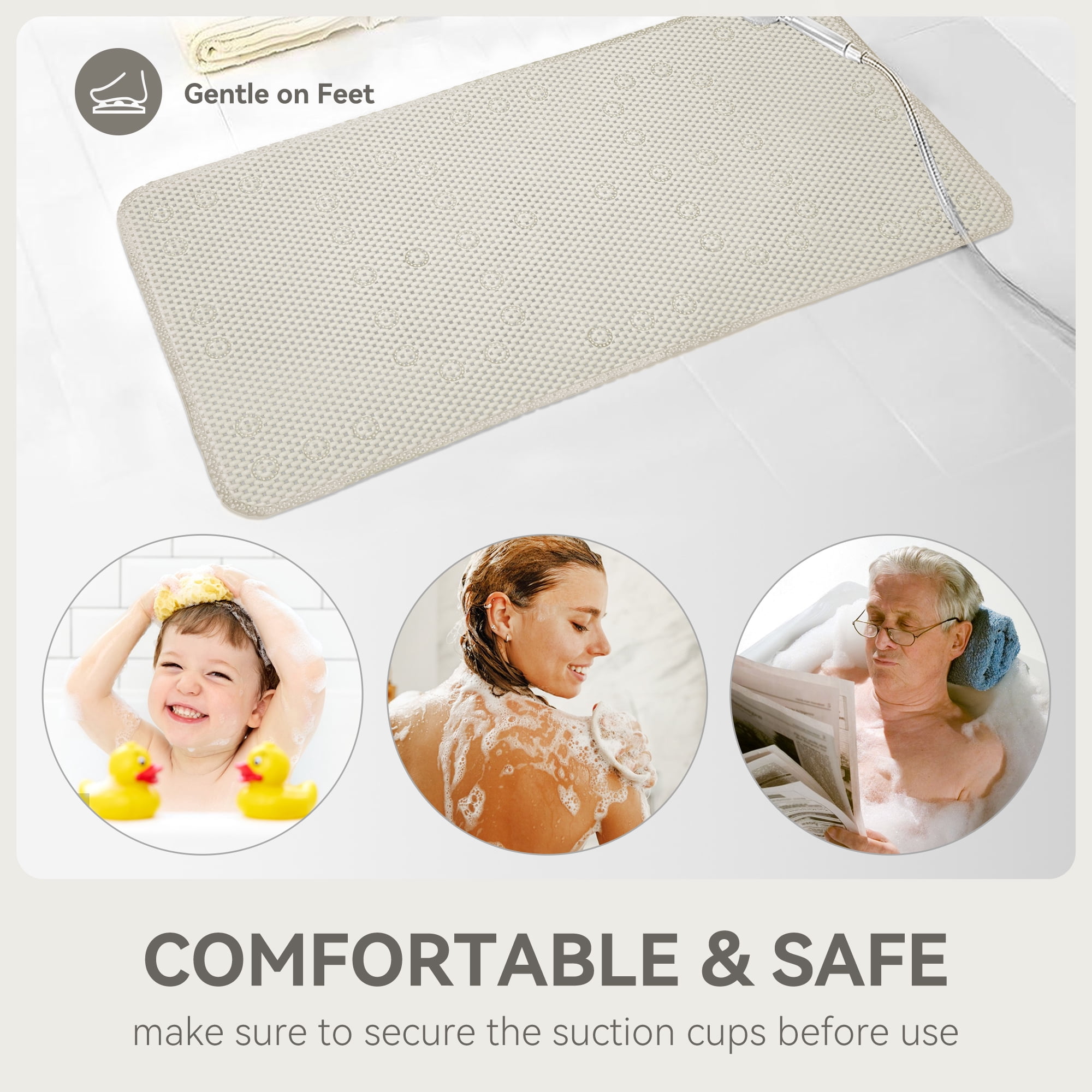 Ray Star Bathtub Mat Non-Slip Shower Mats for Tub, 36×17 inch, Brown Bath Mat for Tub with Suction Cups and Drain Holes, Washable, Soft on feet, Easy Clean
