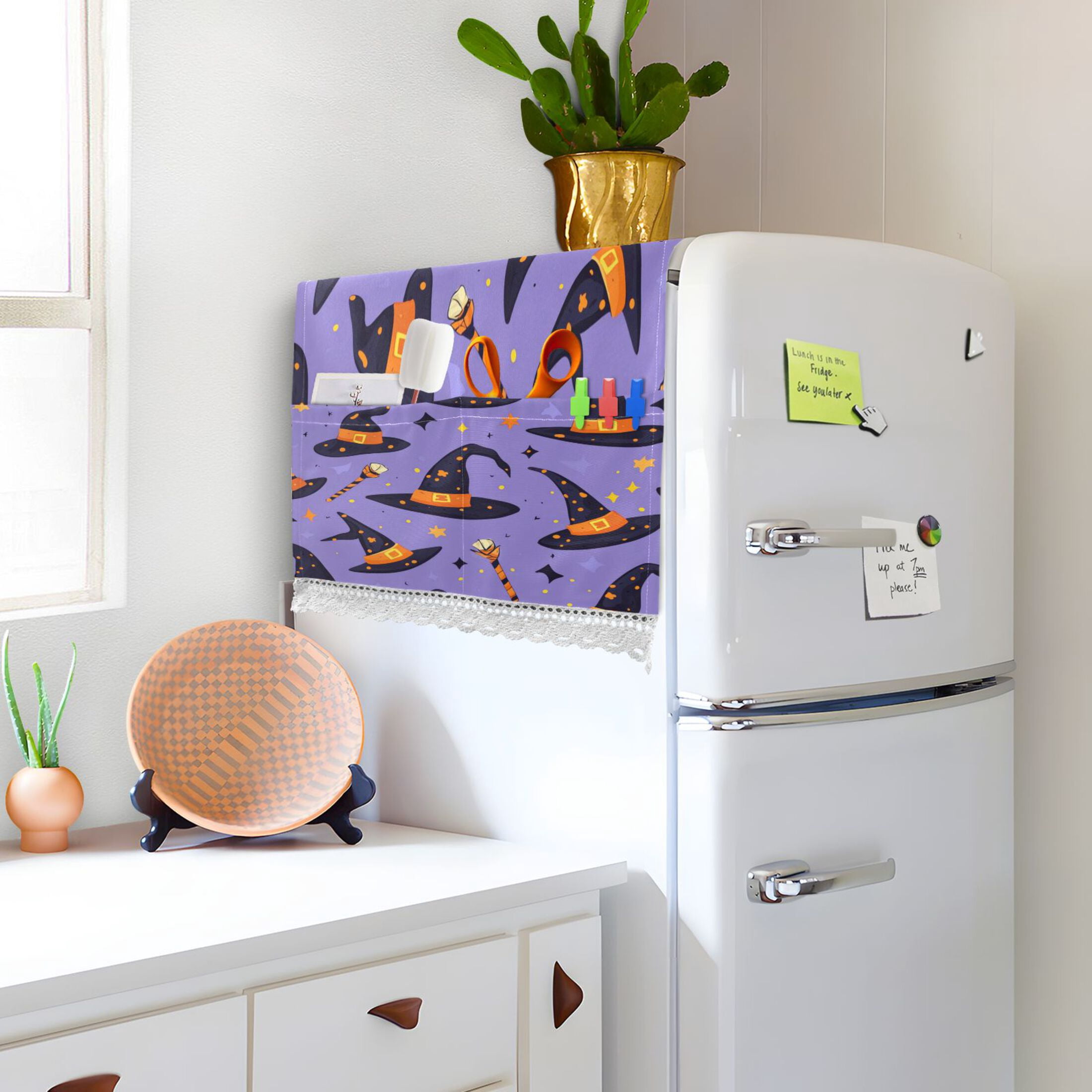 Halloween Magic HatWasher and Dryer Covers Dust-Proof and Oil Resistant Fridge Cover with 4 Storage Pockets Washing Machine Top Cover for Laundry Kitchen Home 51.2 x 22 In