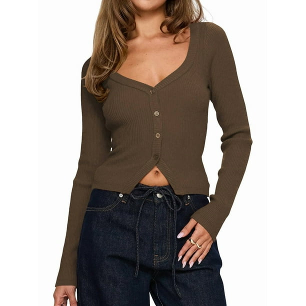 Cárdigan de Larga para Mujer, Suéter Corto de Punto Abierto, Chaqueta con Cuello en V y Botones para Otoño Café M