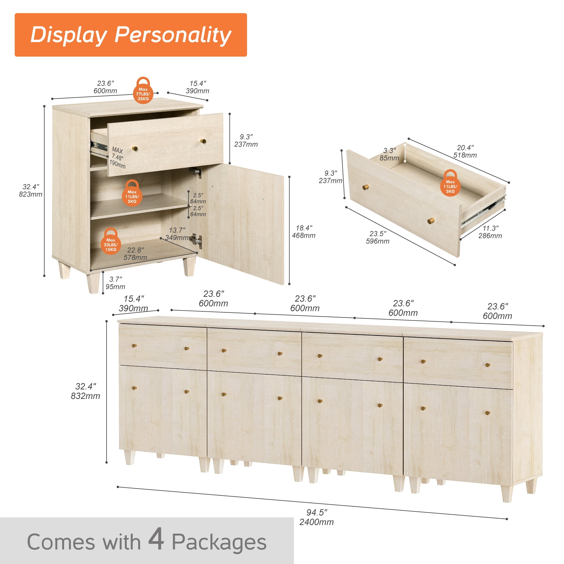 WAMPAT 4-in-1 Wood Dresser with 4 Drawers and 4 Cabinets for Bedroom, Modern Chest of Drawers, 94" Wide, Light Oak Wood Finish