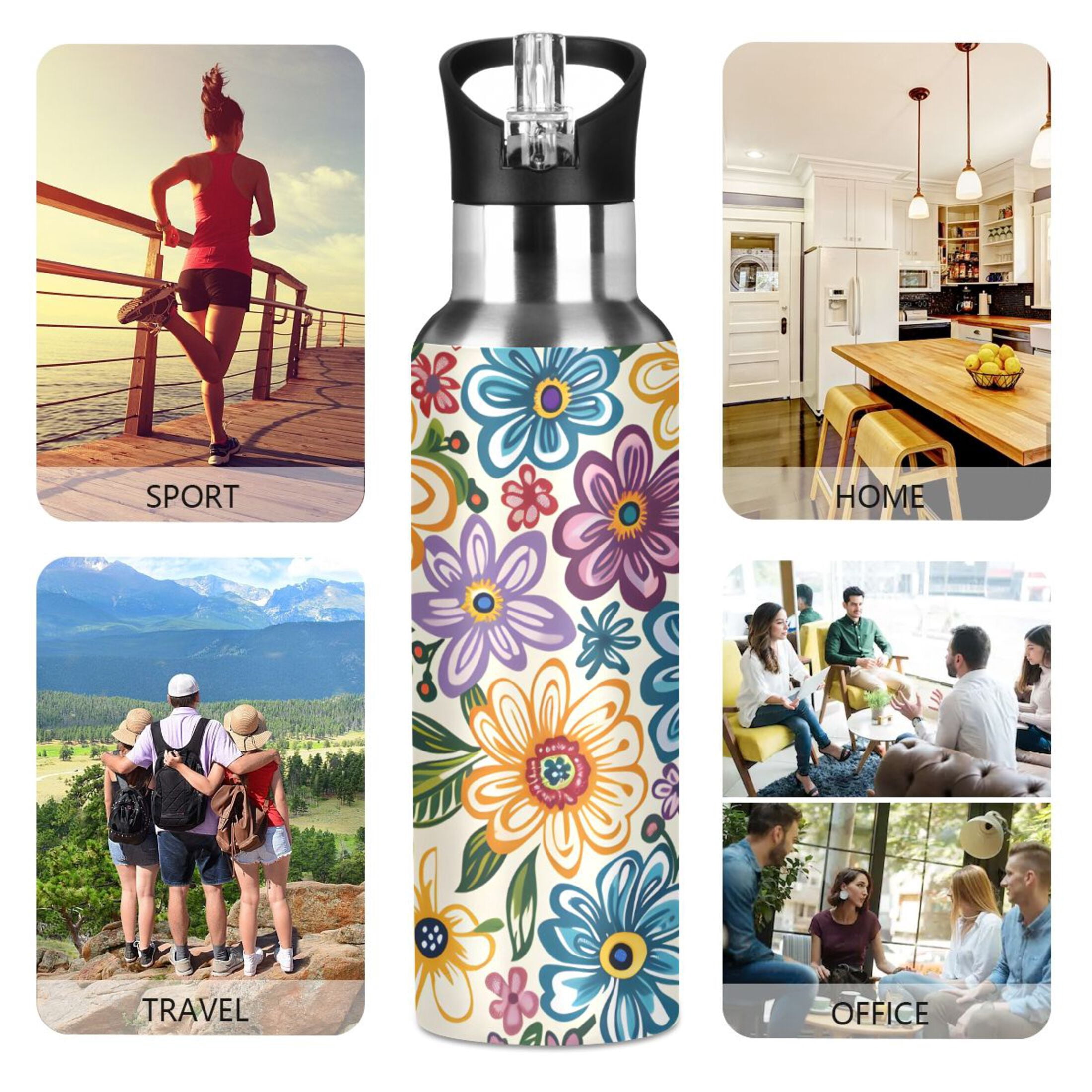 Colorful Floral Print Flowers Sports Water Bottle with Straw Lid Insulated Stainless Steel Leak Proof BPA Free Thermal Mug with Handle for Gym Yoga Cycling Camping