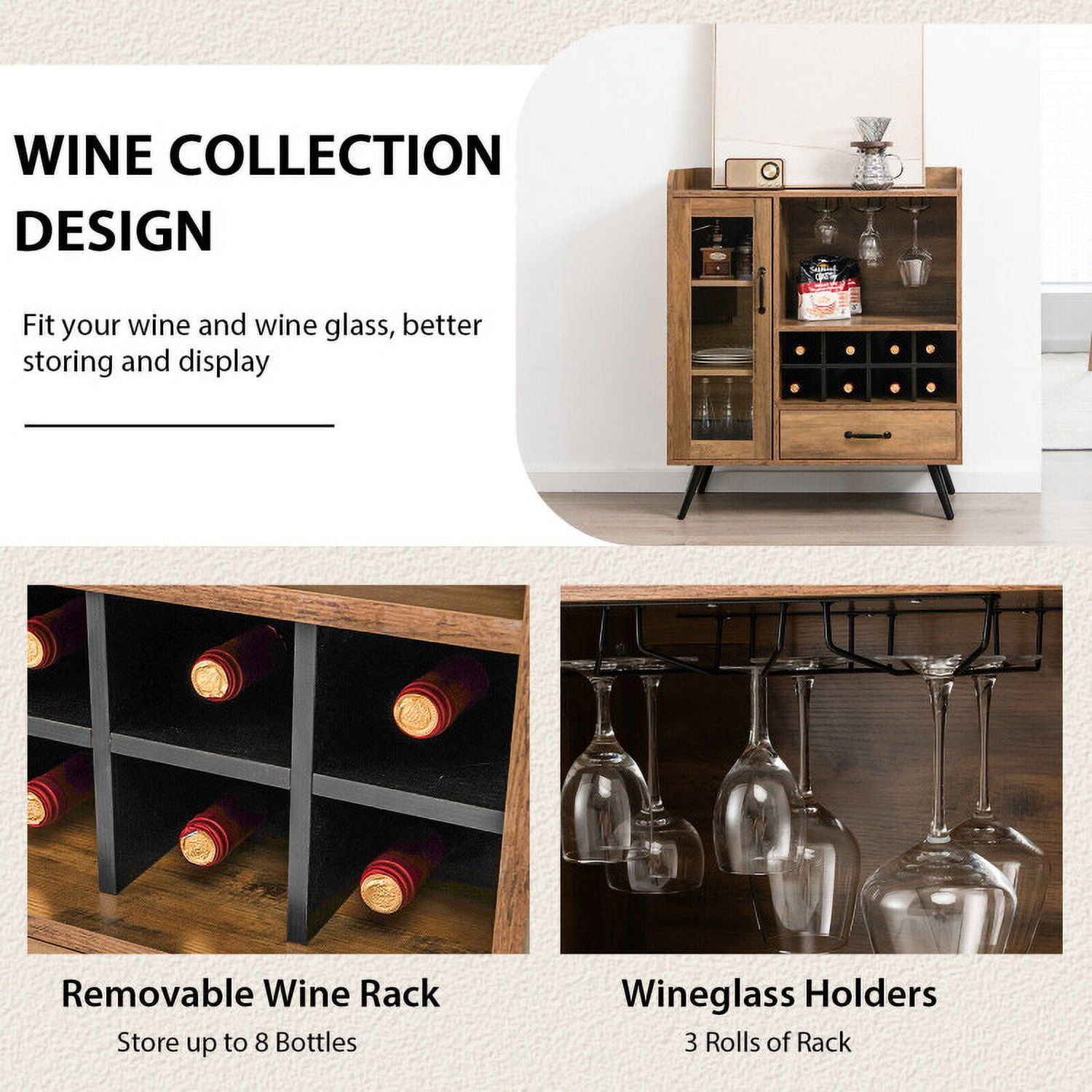 Finihen Kitchen Storage Cabinet, Buffet Sideboard, Buffet Sideboard with Removable Wine Rack and Glass Holder, for Dining Room, Kitchen, Living Room, Rustic Brown Finihen Kitchen Storage Cabinet, Buffet Sideboard, Buffet Sideboard with Removable Wine Rack and Glass Holder, for Dining Room, Kitchen, Living Room, Rustic Brown