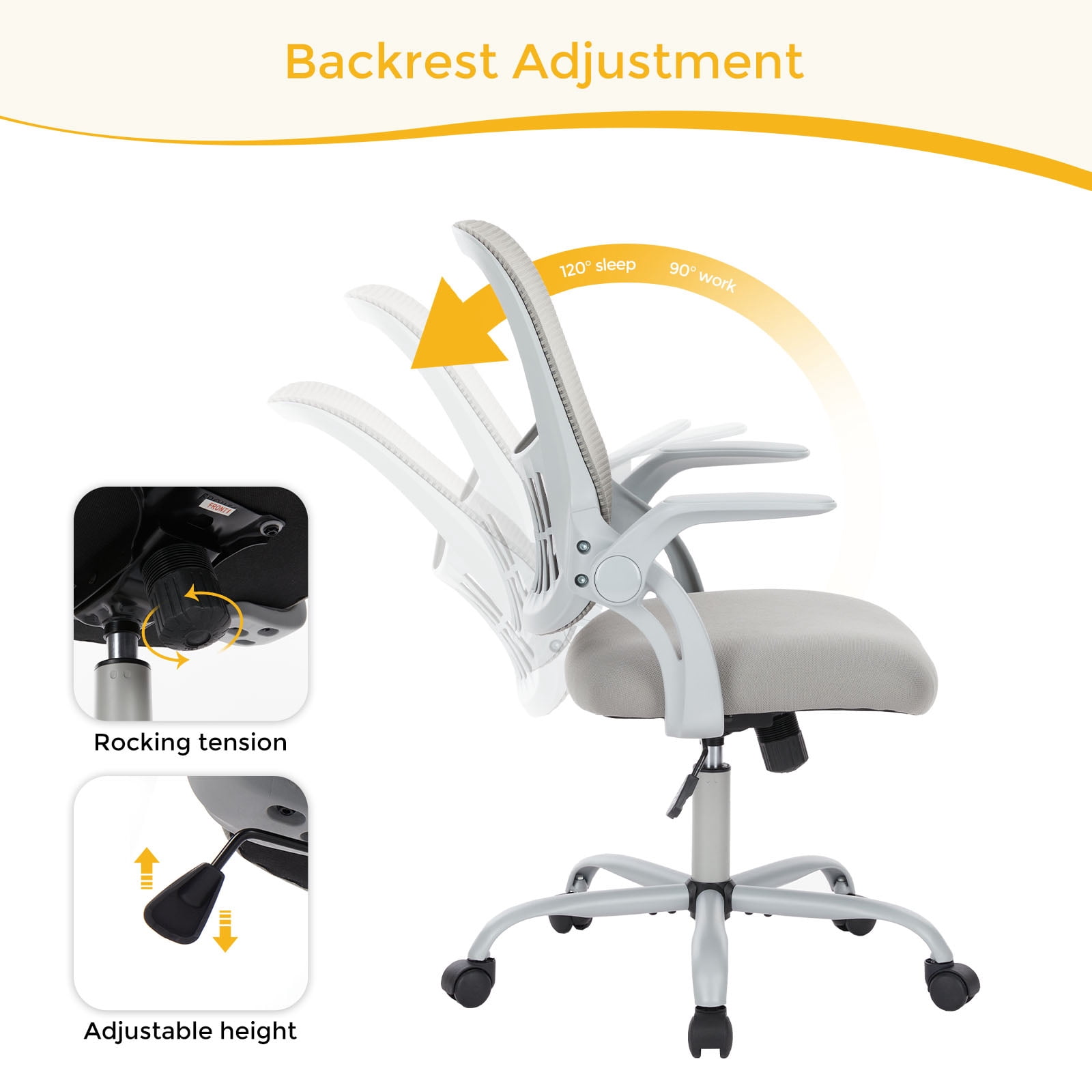 Desk Chair, Ergonomic Home Office Chair with Flip-Up Armrests, Rolling Chair with Lumbar Support, Executive Height Adjustable Swivel Task Chair, Grey